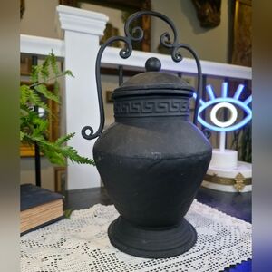 Hand-Painted Black Brass Urn Greek Key Lidded Vase Scroll Handle Traditional
